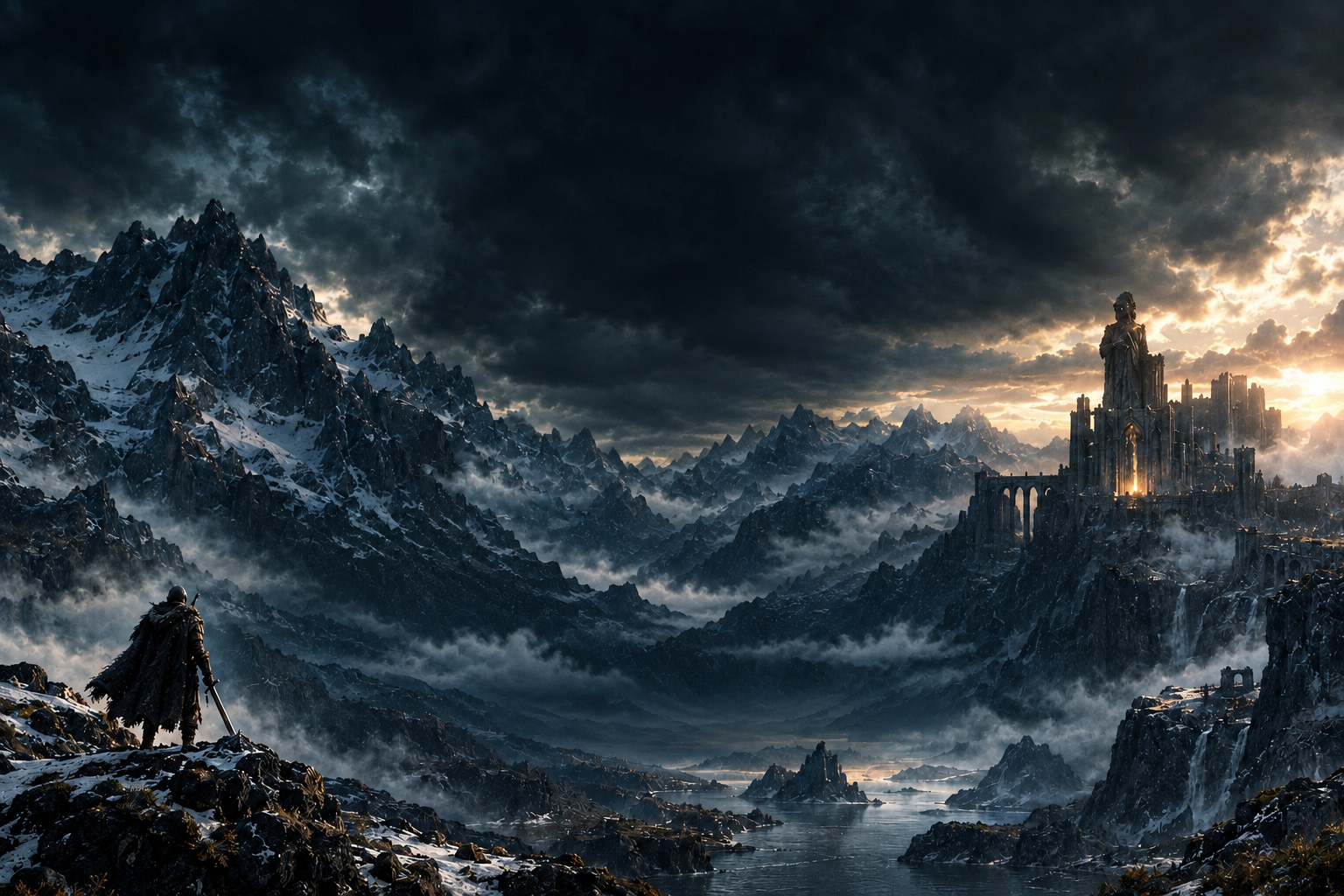 A cloaked traveler looks across a rugged mountain valley toward a distant fortress